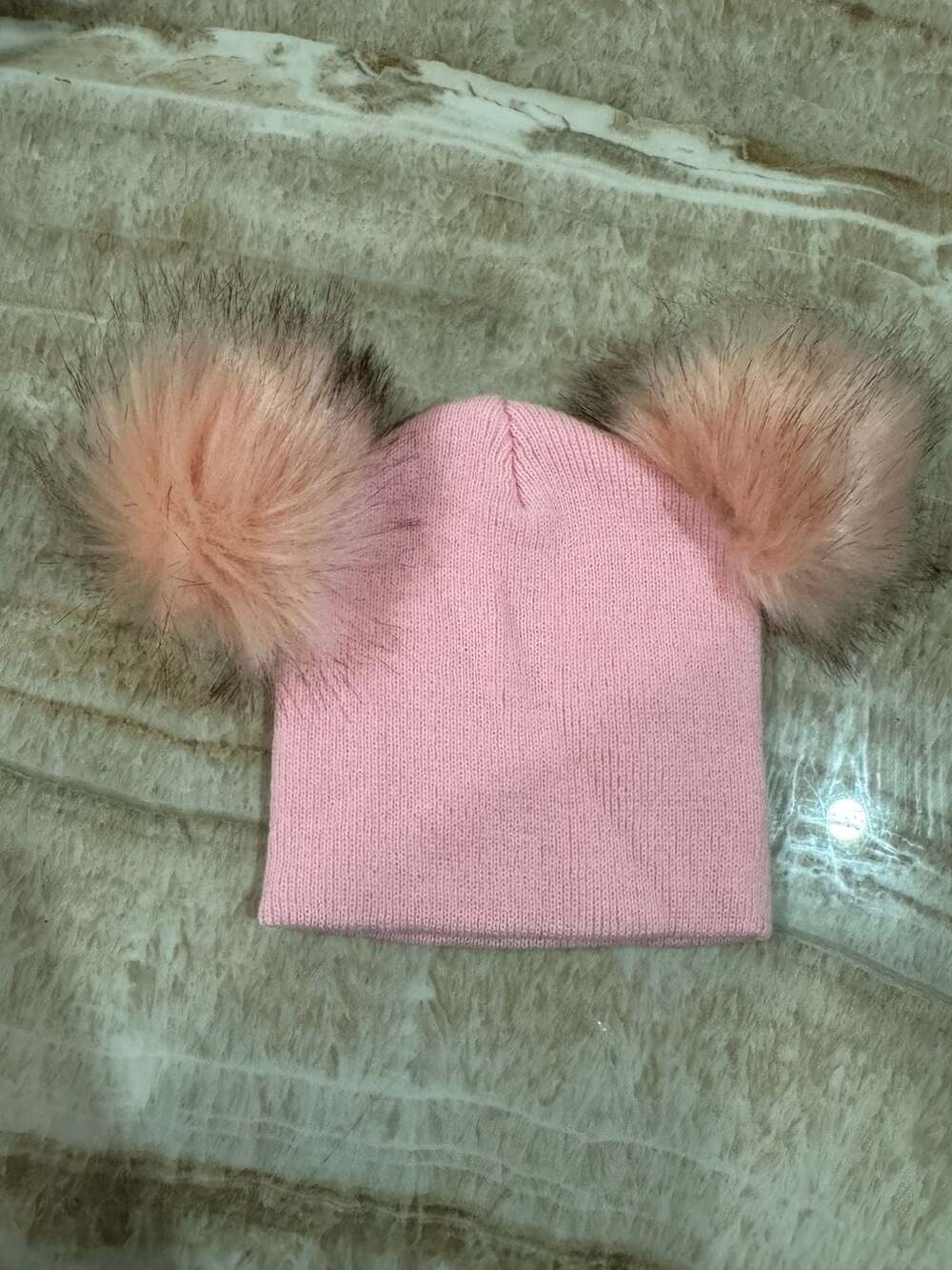 Unbranded Pink Double Pom Pom Knit Beanie Hat